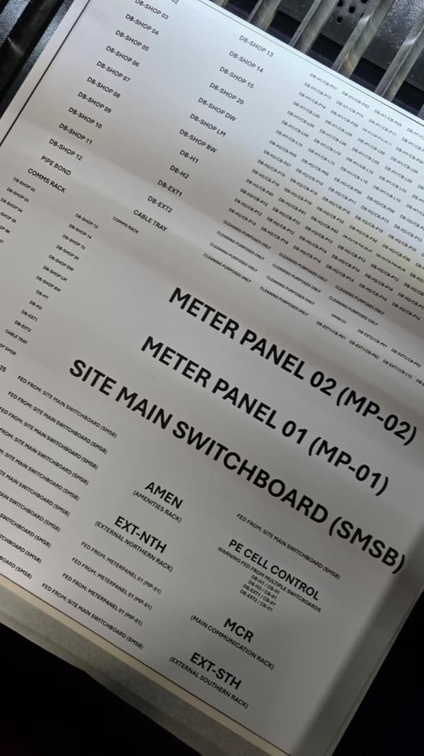 Engraved switchboard labels for Site Main Switchboard and Meter Panels, with detailed circuit identification tags